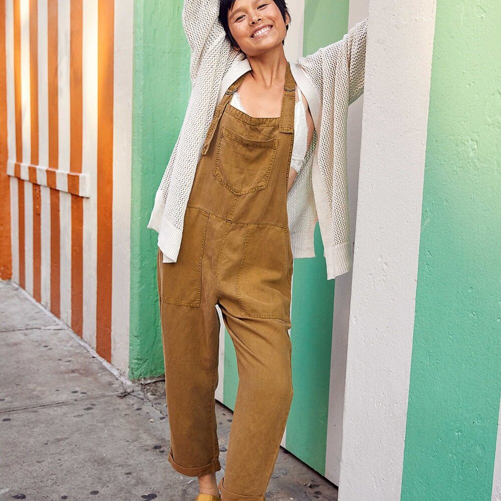 aerie Caramel Utility Overalls in Mustard-Tan